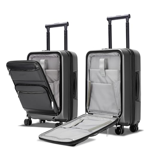 20 Inch Softside Suitcase with Spinner wheels, Carry on Luggage with & USB Port,Hybrid Soft Front & Hard Shell Large Checked Luggage with TSA Lock, Grey - color: Grey, size: 20 Inch