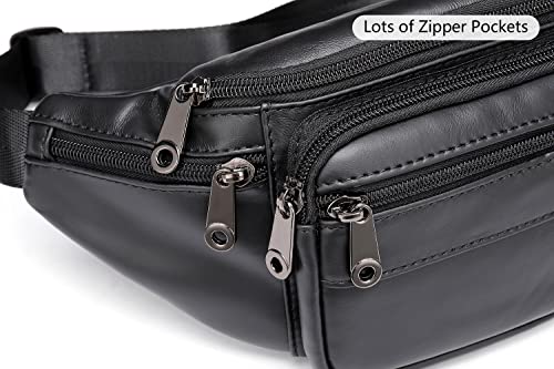 Genuine Leather Fanny Pack HandMade Durable cowhide Waist Bag Lots of Anti-theft zipper pocket Black - color: Black