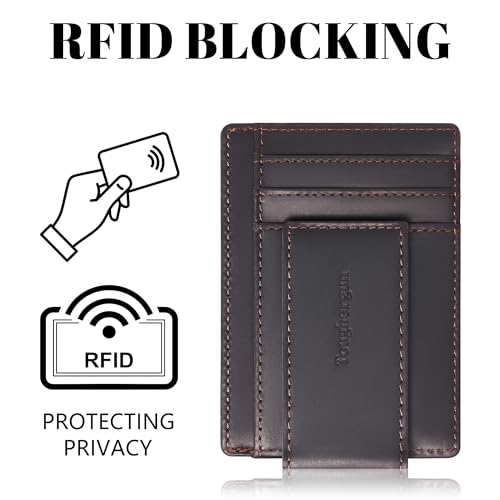 Toughergun Slim Wallet for Men RFID Blocking Money Clip, Minimalist Front Pocket Credit Card Holder, Magnetic Thin Mens Wallets with ID Window - color: Deep Coffee