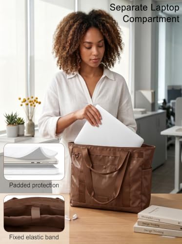FHELAD Glossy Tote Bag for Women, Y2K Work Travel Laptop Bag, 25L - color: Coffee