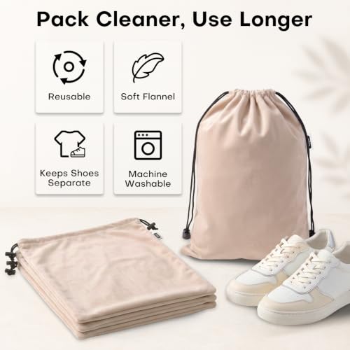 4 Pack Flannel Cloth Shoe Bags for Travel & Packing for Women & Men - color: Camel Beige