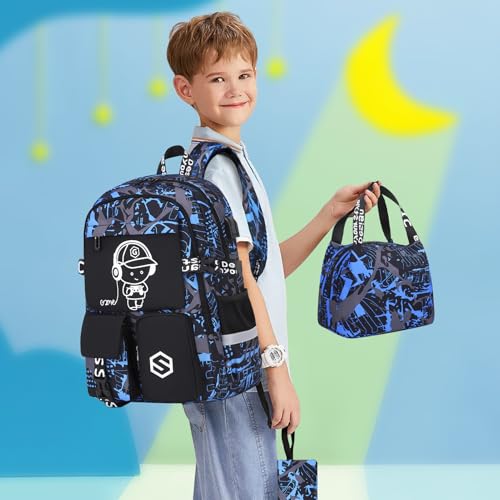 Scothen Boys Backpack, Cool Luminous Kids School Backpacks with Lunch Bag - color: Blue Musicer