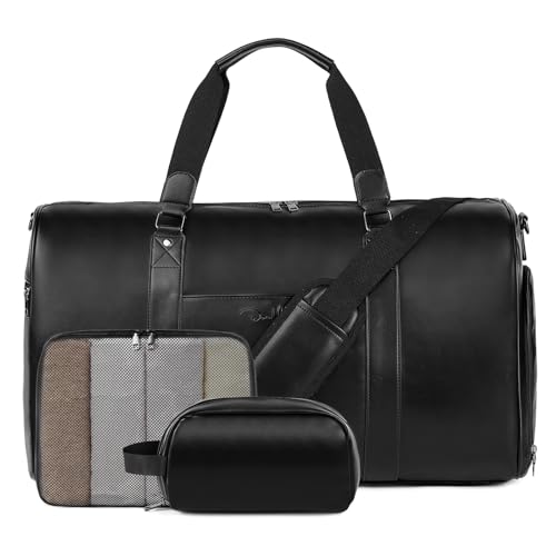 3‑PCS Leather Duffle Bag for Travel, Weekender Overnight Gym Bag Men Women - color: Black