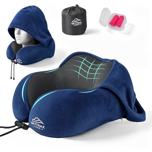 SkytraxComf® Travel Neck Pillow with Hood for Privacy on Long Flights - color: Navy Blue