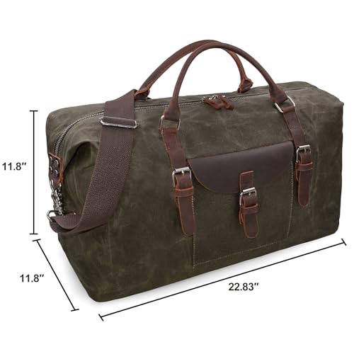 Oversized Travel Duffel Bag Waterproof Canvas Genuine Leather Weekend bag Weekender Overnight Carryon Hand Bag, Dark Brown - color: Dark Brown