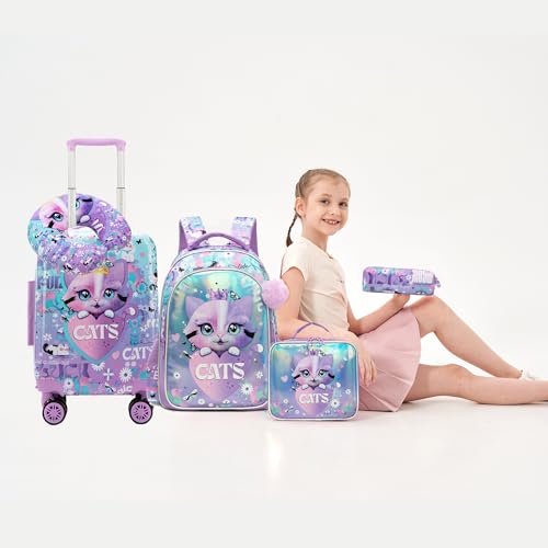 Kids Suitcase Set for Girls Hardside Luggage with Spinner Wheels 5 Piece 16inch Toddler Suitcase for Girls Travel Carry on Luggage Airline Approved - color: A Cat Purple