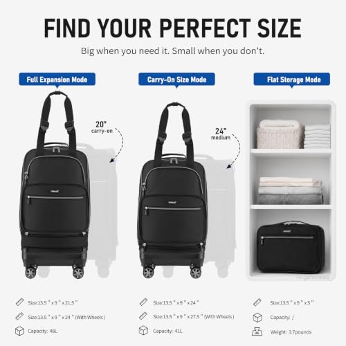 Verage Expandable Foldable Luggage Bag Collapsible Suitcases Rolling Travel Duffel Bag Lightweight Suit Case with Detachable Spinner Wheels - color: Black, size: Carry-On Pro (21-Inch Expands into 24-Inch)
