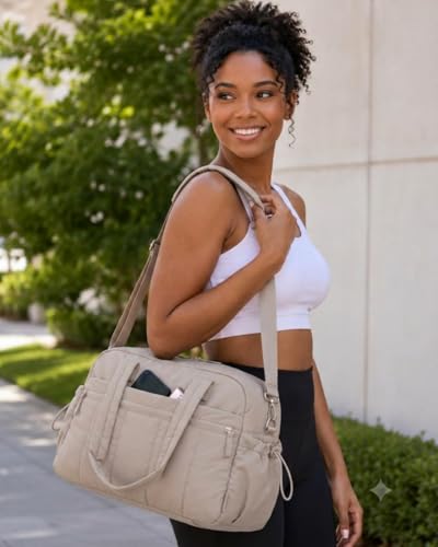Puffy Duffle Bag For Women, 18 * 14 * 8 Personal Items Bag with Wet Pocket, Overnight Weekender Travel Bag - color: puffy brown