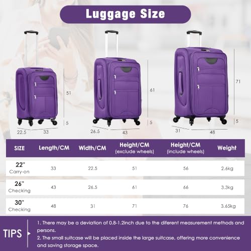 Softside Luggage Set 22/26/30", Expandable, TSA Lock, Spinner, Duffel(Purple) - color: Purple