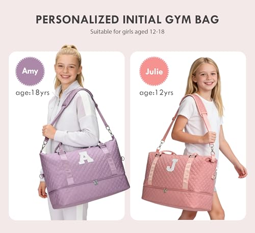 WOOMADA Initial Duffle Bag with Shoe Compartment,Personalized Weekender Bag, Overnight Bag for Women Girls, Gym Bag with Toiletry Bag - color: Pink, style: M