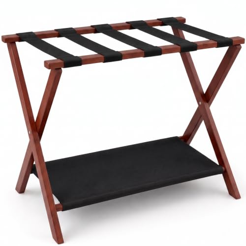Luggage Rack, Fully Assembled Bamboo Foldable Suitcase Stand for Guest Room, 26.7-Inch Luggage Holder with Storage Shelf & 5 Nylon Straps, for Bedroom and Hote (1 Pack - Brown) - color: 1 Pack - Brown