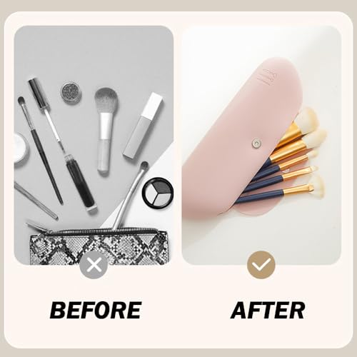 Silicone Makeup Brush Holder Travel Cosmetic Bag, Soft Portable Cosmetic Face Brushes Holder with Anti-Fall Out Magnetic Closure, Brown - color: Brown