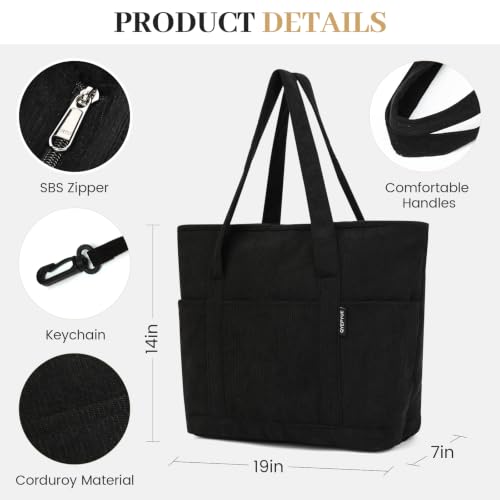 Large Canvas Tote Bag for Women, Beach Bag with Zipper, Utility Tote Bag with 3 Front Pockets, Weekender Pool Bag - color: Black
