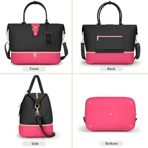 Leather Weekender Bags for Women, Travel Duffel Bag PU Overnight Bag Carry On Tote Bag with Shoe Compartment Wet Pocket - color: Black Pink, size: Large