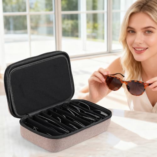 AUTOARK EVA Hard Shell Travel Eyeglasses Case,7 Adjustable Dividers,Holds 8 Glasses,Felt Lining - color: Brown