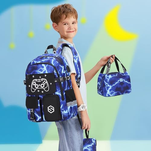 Scothen Boys Backpack, Cool Luminous Kids School Backpacks with Lunch Bag - color: Lightning-blue