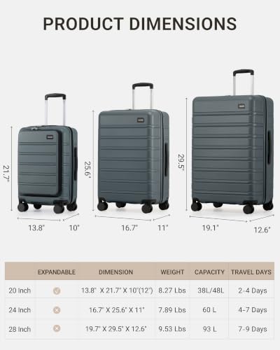 TAKUMI Suitcases with Wheels, Expandable Carry on Luggage, 3 Piece Set - color: Navy, size: 20/24/28 Inch
