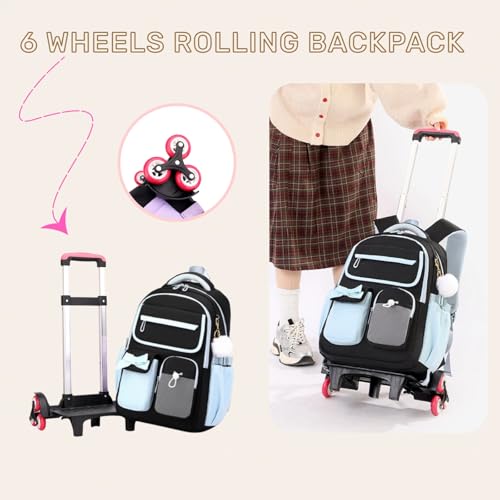 Rolling Backpack for Girls Kids Trolley Rolling School Bag Wheeled Backpack for Elementary School Roller Bookbags on 6 Wheels, Black Blue - color: 6 Wheels Black-blue, style: 6 Wheels