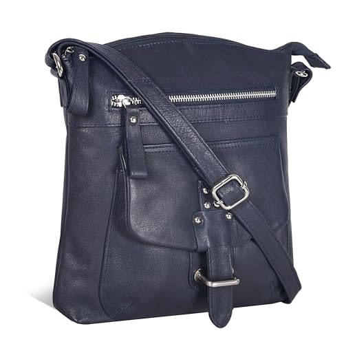 Genuine Leather Crossbody Bag For Women - Medium Cross Body Handbag Purse - color: Navy Smooth