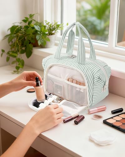 Narwey Travel Toiletry Bag for Women, Large Makeup Cosmetic Organizer Bag - color: Y-Mint Green Stripe