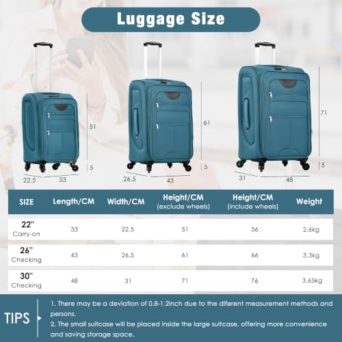 Softside Luggage Set 22/26/30", Expandable, TSA Lock, Spinner, Duffel(Green) - color: Green