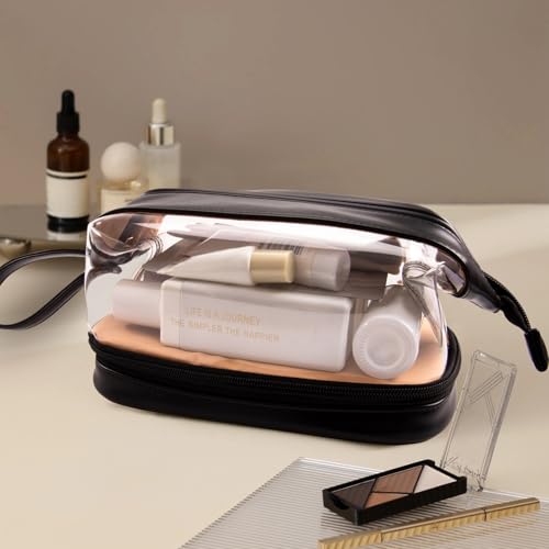 Abiudeng Large Capacity Makeup Bag Ladies Cosmetic Bag Travel Bag with Compartments Portable PU Leather Travel Makeup Bag with Handle - color: Clear-Black