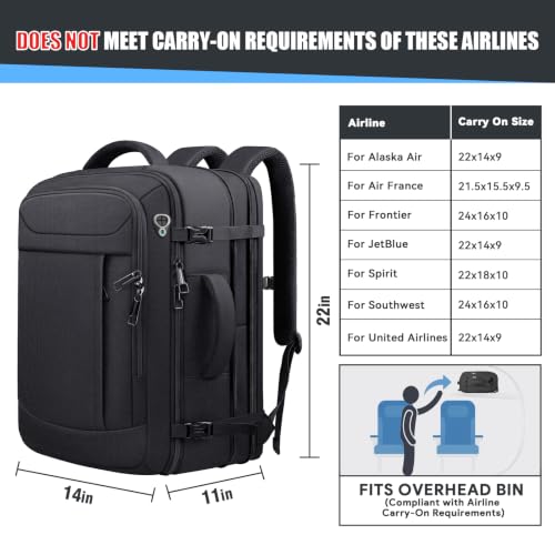 55L Travel Backpack, Carry On Backpack Fits 18.4-19" Laptop, Black - color: Black, size: 18.4 inch (22"x14"x10")