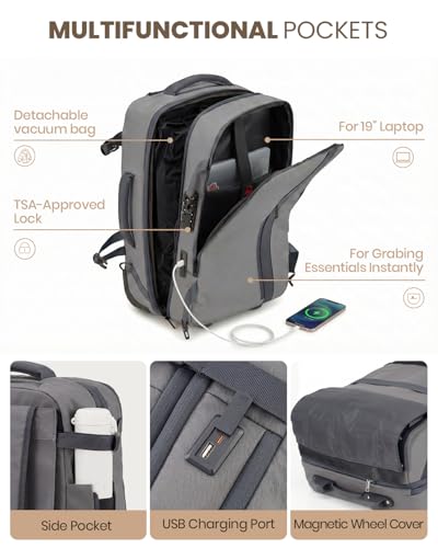 Fanwoli Rolling Vacuum Backpack Travel,One-Button Compression,TSA Carry-On - color: Grey