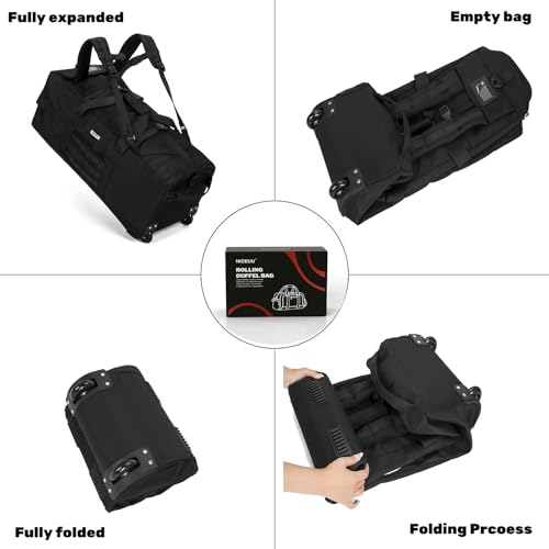 Duffle Bag Travel Luggage with Wheels: Large Rolling Backpack Foldable Carry On roller for Traveling - Weekender Overnight Personal Items Duffel Bag for Men and Women 80L (Black) - color: Black