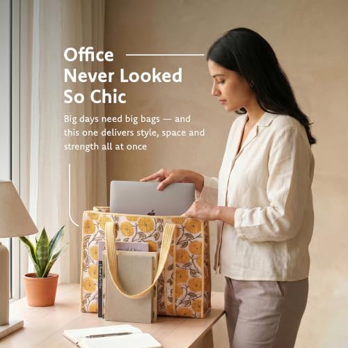 100% Cotton Floral Hand Block Print Quilted Tote Bag for Women - color: Yellow Marigold Pattern