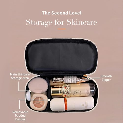Double Layer Medium Capacity Portable Travel Makeup Bag Waterproof Organizer Women Easy Clean Convenient Carry On Cosmetic Storage - color: Cream White