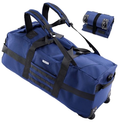 Duffle Bag Travel Luggage with Wheels: Large Rolling Backpack Foldable Carry On roller for Traveling - Weekender Overnight Personal Items Duffel Bag for Men and Women 85L (Navy Blue) - color: Navy Blue
