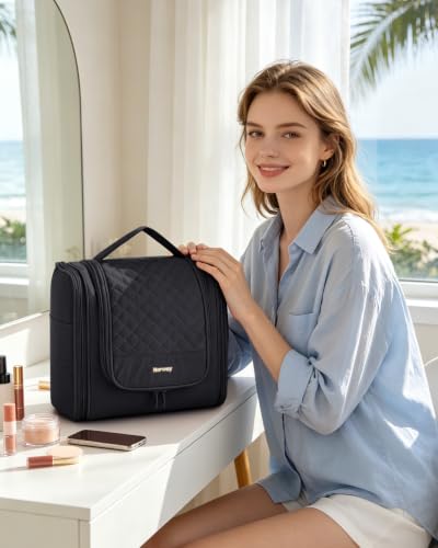 Narwey Hanging Toiletry Bag for Women, Quilted Travel Cosmetic Makeup Bag - color: Black