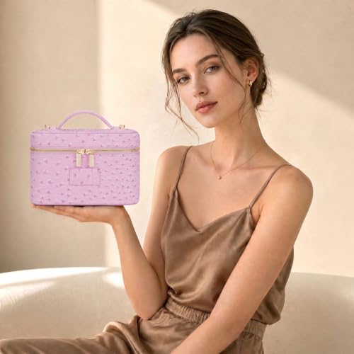 HiTotes Makeup Bag Leopard Vanity Case for Women Travel Cosmetic Bag Leather Toiletry Bags Cheetah Print Makeup Organizer Case - color: Ostrich Pink