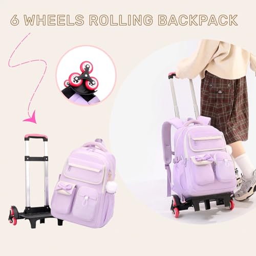 Purple Rolling Backpack for Girls Kids Trolley Rolling School Bag Wheeled Backpack for Elementary School Roller Bookbags on 6 Wheels, Purple - color: 6 Wheels Purple, style: 6 Wheels