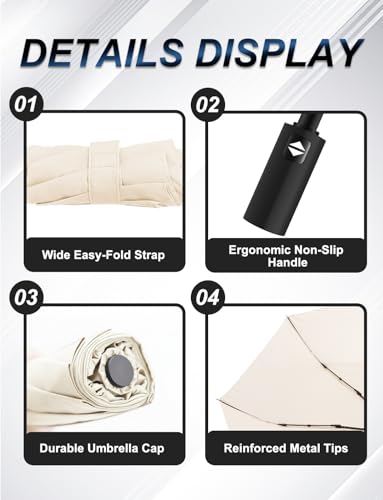 Windproof Travel Umbrella, Automatic Compact Folding Umbrella, Small Travel Size Umbrella for Rain, Backpack & Everyday Carry - color: Cream