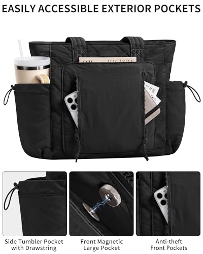 Bagstellar Puffer Tote Bag for Women, Lightweight Puffy Work Laptop Handbag - color: Black
