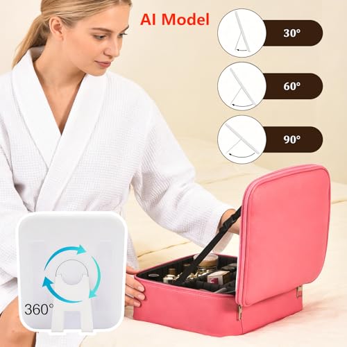 Travel Makeup Bag with Mirror & 6 Adjustable EVA Dividers, Rose Red - color: Rose Red-6 Dividers