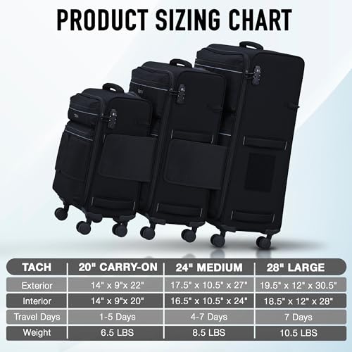 TACH LITE Samba Softside 3 Piece Luggage Set 20/24/28 Inch | Connectable Suitcases with Spinner Wheels Lightweight Travel Suitcase with Wheels Carry On & Checked Bags | Soft Sided Luggage Set (Black) - color: Black, size: 3-Piece Set