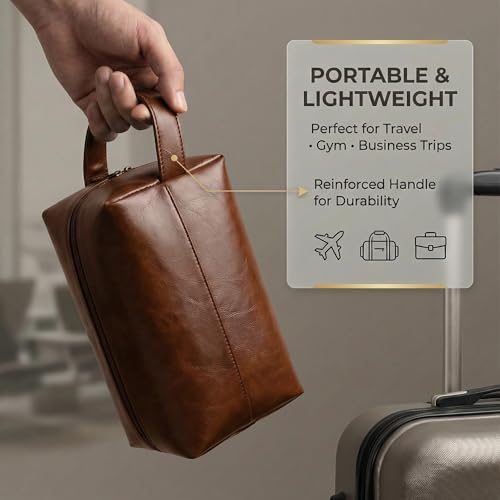 Toiletry Bag for Men, PU Leather Dopp Kit with Wide Opening, Handle and Inner Pockets, Water Resistant Travel Shaving Bag for Suitcase Gym and Bathroom, Brown - color: Brown