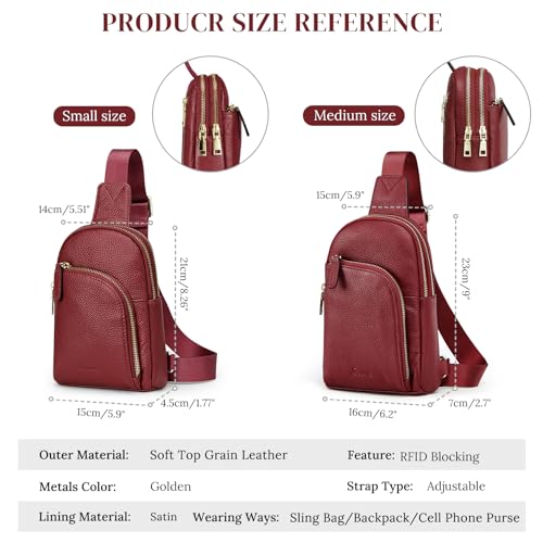 S-ZONE Genuine Leather RFID Blocking Small Sling Bag Women Crossbody Fanny Packs - color: Wine Red, size: Medium