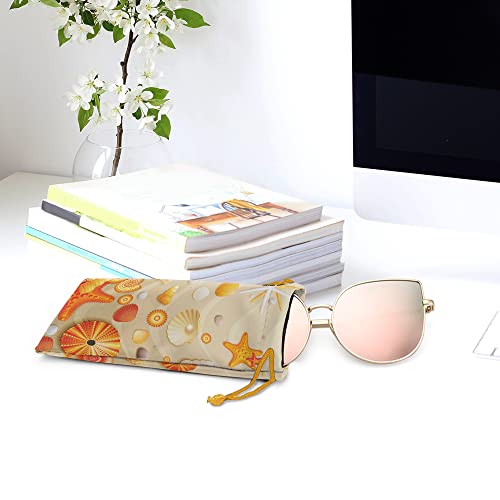 WIRESTER Set of 3 Polyester Sunglasses Pouch, Eyeglasses Soft Case with Drawstring Closure - color: Beach Sand, Full Tropical Sea Coral, Seashells