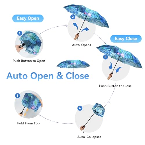 Van Gogh Folding Umbrella, Travel Umbrella with Starry Night Design, Auto Open & Close - Portable Compact Umbrella - Lightweight & Packable for Women & Men - color: Water Lilies A