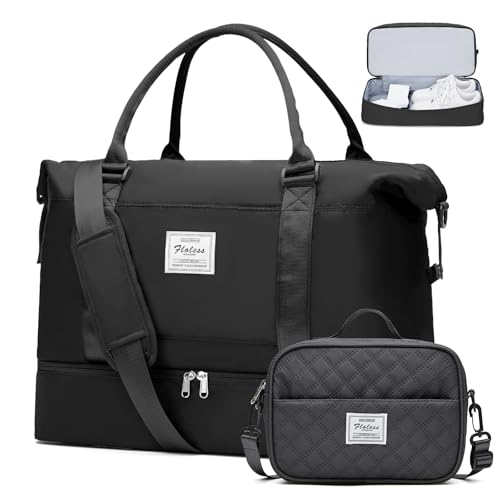 Weekender Bags for Women,Personal Item Travel Bag with Shoes Compartment - color: Black with BlackGray Toiletry Bag, size: Large