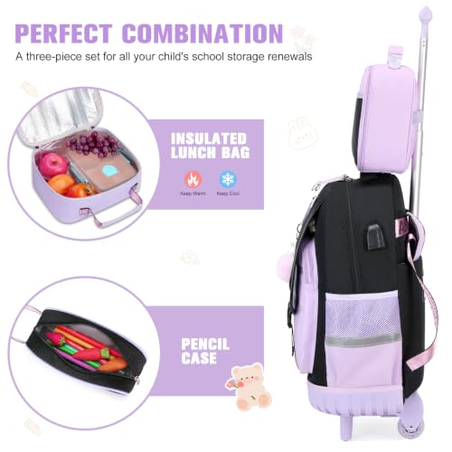 Bevalsa Rolling Backpack for Girls, 3PCS Roller School Backpack Set - color: Purple Butterfly
