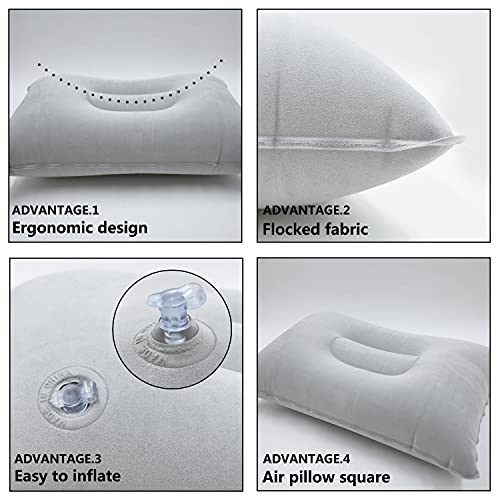 PCTC 2 Pack Ultralight Inflatable Pillow, 12.6 x 7.9 Inch Small Square Flocked Fabric Air Pillow, Multi-Use for Travel Camping Hiking, Neck & Lumbar Support,Gray