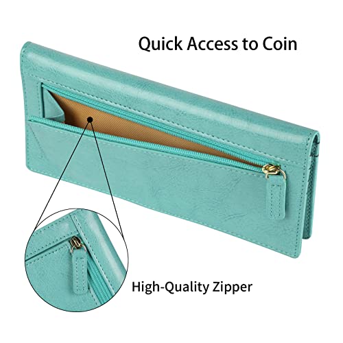 Lavemi Ultra Slim Thin Leather Women Wallet RFID Blocking Credit Card Holder Bifold Long Ladies Billfold - color: 1-waxed Tiffany Blue