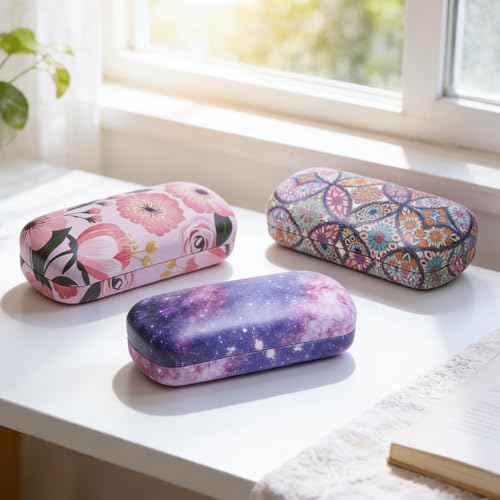 PERFECTSIGHT Sunglasses Case, Large Hard Shell Glasses Case, Cute PU Leather Protective Eyeglasses Case for Women Men - color: Purple Star Cloud