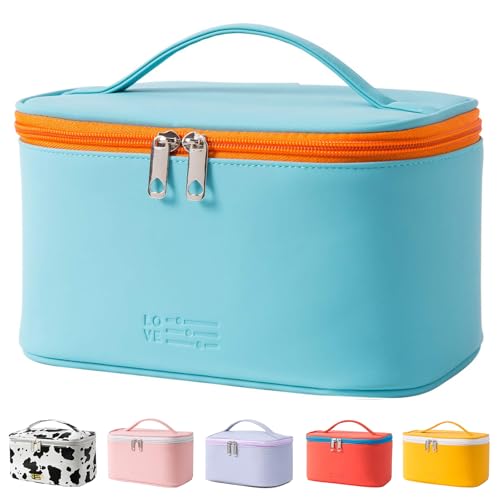 Meiyuuo Travel Makeup Bag for Women, PU Leather Cosmetic Bag, Cyan Blue - color: Cyan Blue