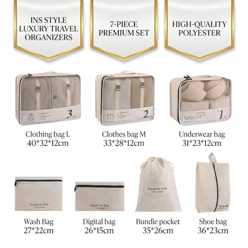 7 Set Packing Cubes for Travel, Compression Luggage Organizer Bags for Suitcase Mesh Travel Essentials with Shoe Bag, Drawstring Bag & Clothing Organizer for Carry On, Beige